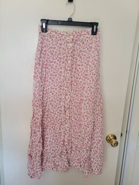 Pink Floral Button-Front Maxi Skirt